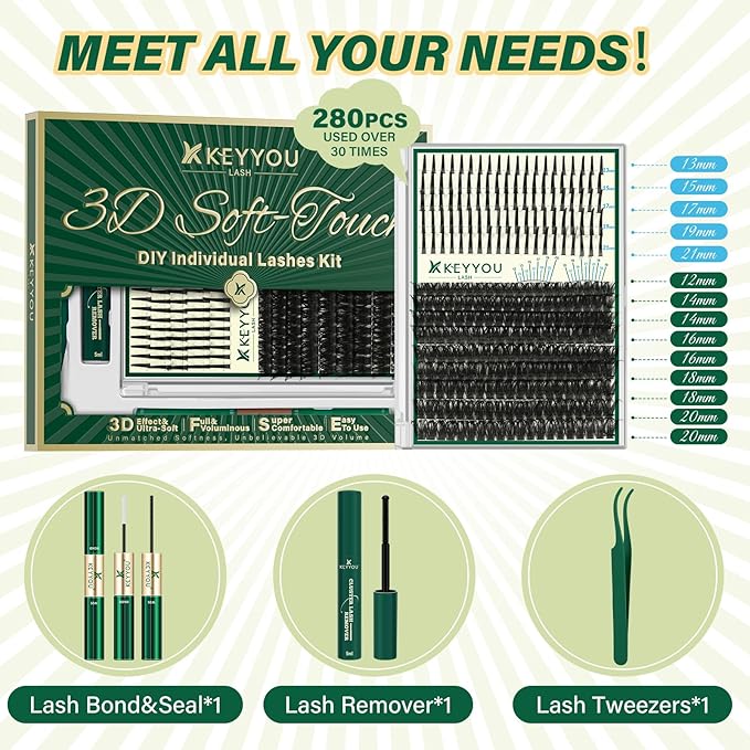 KEYYOU Lash Clusters Kit 280Pcs 100D Long 10-18MIX Lash Spikes Eyelash Clusters Kit Volume Individual Lashes Spiky Lash Extension Kit Cluster Eyelash Extensions Kit(100D&Spikes-D-12-20MIX+13-21MIX)