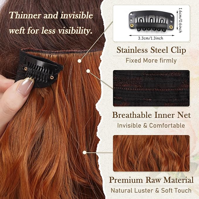 BARSDAR Ginger Copper Clip in Hair Extensions - 12 Inch Short Wavy Clip in Hair Extensions for Women - 6PCs Full Head Thick Soft Synthetic Cowboy Ginger Copper Hairpieces Daily Party