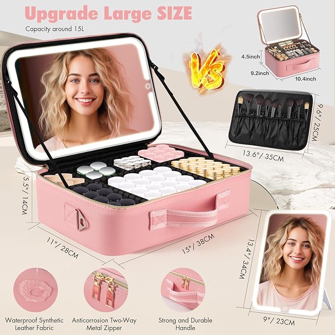 Suupvaor 15''X11'' Large Makeup Bag with Removable Lighted Mirror, Professional Travel Makeup Train Case PU Leather Cosmetic Make up Organizer with Adjustable Dividers & Brush Storage Board