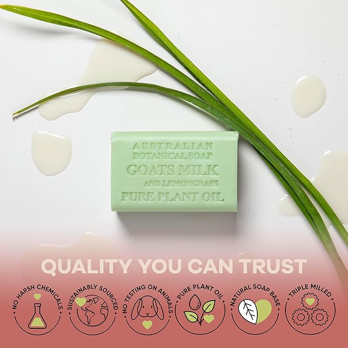 Australian Botanical Soap, Goat Milk Soap and Lemongrass, 6.6 oz. Bars, Triple Milled Body Cleanser, Made in Australia with African Shea Butter and Native Goat Milk, All Skin Types, Pack of 8