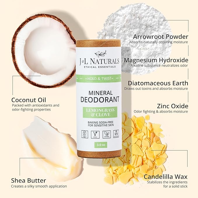 J&L Naturals Mineral Deodorant | Baking Soda-Free, 100% Natural, Sustainable Skin Care | Sensitive Deodorant For Women & Men | Aluminum Free, Vegan, Cruelty-Free (Lemongrass & Clove, 3 Oz (Pack of 2))