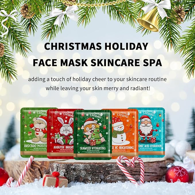 YTRAJU 10 Pack Christmas Face Masks Skincare for Christmas Gifts, Face Sheet Masks for Christmas Stocking Stuffers, Hydrating and Bightening, Holiday Face Masks Christmas Gifts for Teens Girls Women