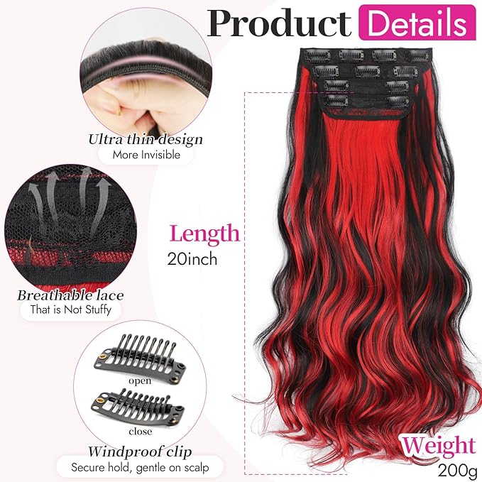 KooKaStyle Clip In Hair Extensions, Natural Long Layered Soft Invisible Synthetic Curly Wavy Hairpieces for Women, 4 pcs (20 Inch,Black Mix Red Highlights)
