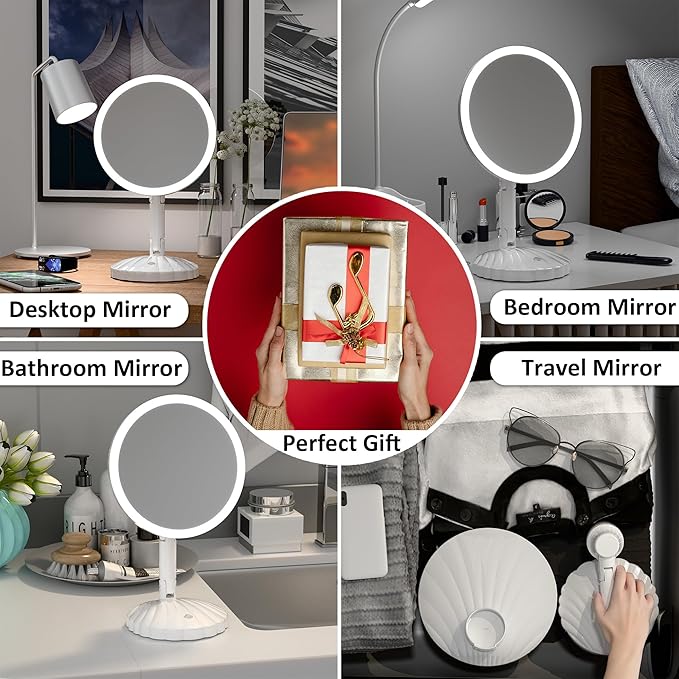 Foldable 15X Magnifying Mirror with Lights,Portable Vanity Mirror,3 Colors Light Modes, Desk or Travel Use,Stepless Adjustable Lighted Makeup Mirror