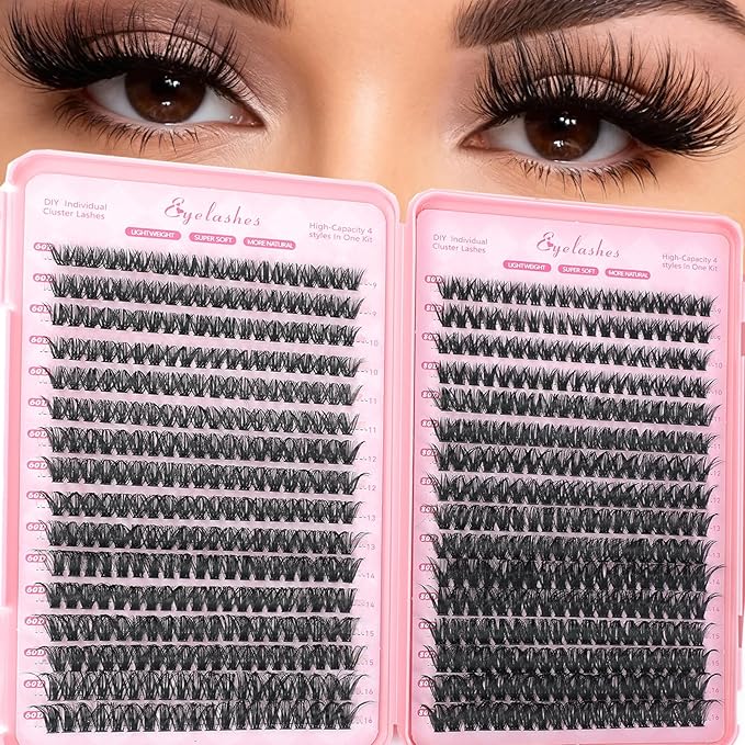 Manga Lash Clusters, 640 Pcs Eyelash Clusters Individual Lash Extension Kit D Curl Fluffy Wispy False Eyelashes Extensions Thin Band (60D+80D)