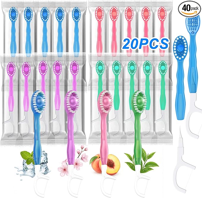 20 Pack 5-in-1 Disposable Toothbrushes with Toothpaste, Travel Toothbrush Set with Floss, Pick & Tongue Scraper, Individually Wrapped Mini Toothbrush for Adults, Work Camping - Mixed Flavor
