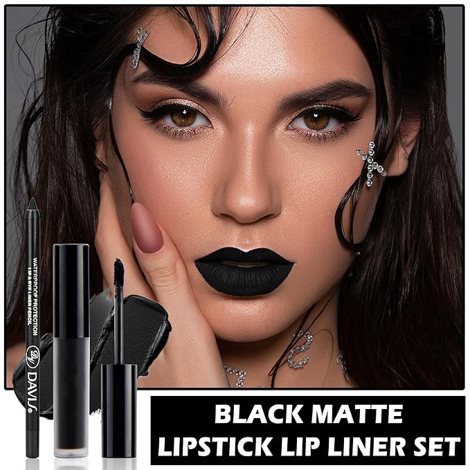 Matte Black Lipstick Lip Liner Set Black Liquid Lipstick Lip Tint Stain High Pigmented Black Lip Liner and Lip Gloss Set for Halloween Christmas Cosplay Goth Makeup