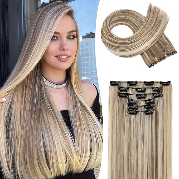 LONAI Clip in hair extensions 6PCS Straight 24" Hair Extensions for Women，Heat Resistant Synthetic Hairpiece-Ash Brown with Blonde Highlights