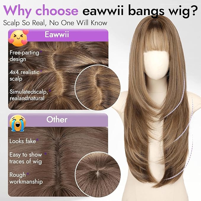 Long Brown Blonde Highlight Wig with Bangs for Women 4x4 Realistic Scalp,Free Parting,Layered Hairstyle Synthetic Heat Resistant for Daily Party Use 26 inch