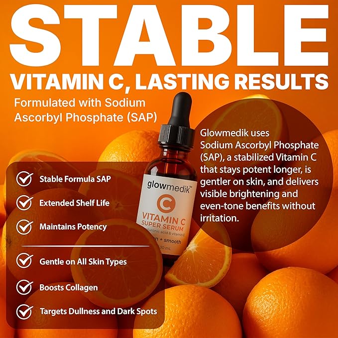 GlowMedik Vitamin C Serum for Face – Anti Aging Brightening Formula with Hyaluronic Acid, Vitamin E – Gentle for Sensitive Skin – Improves Dark Spots, Fine Lines & Wrinkles, Made in USA 30ml 1 fl oz