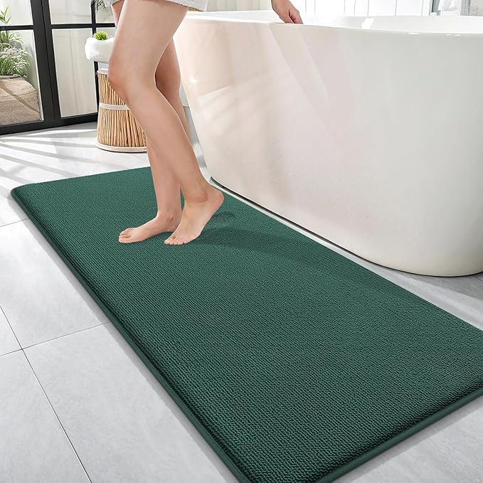 OLANLY Thick Memory Foam Bath Mat Rug 47x17, Extra Soft Absorbent Bathroom Rug, Quick Dry Bath Mats, Non-Slip, Washable Carpet for Bathroom, Tub and Shower, Home Decor Accessories, Blackish Green
