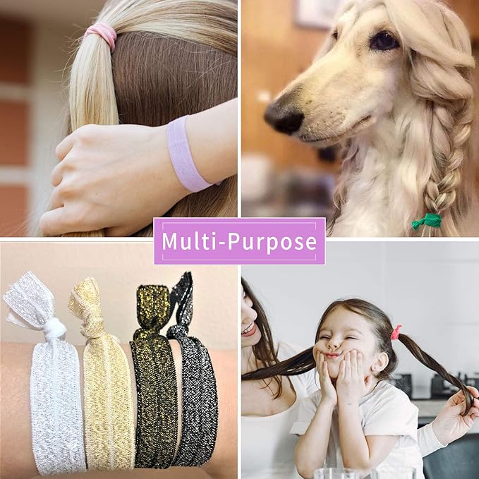 79style 120pcs Elastic Fabric Hair Ties Ribbon Hair Ties Knot Knotted Ponytail Holders No Dent Soft flat Hair Ties For Girls Hair Bands Hair Accessories (24 Colors Neon Pink)