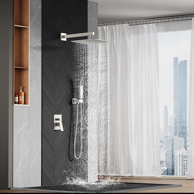 SR SUN RISE Shower Faucet Set Bathroom Square Rain Shower Head with Handheld Spray Wall Mounted Rainfall Shower Fixtures Brushed Nickel Shower Faucet Trim Repair Kits (Contain Shower Valve)10 Inches