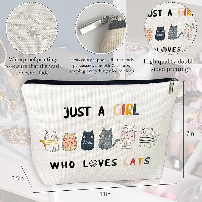 CLHHM Just A Girls Who Loves Cats Makeup Bag for Women Girls Cute Cat Themed Cosmetic Bag for Travel Storage Toiletry Funny Cat Lover Gift for Birthdays Christmas Ideal for Moms Daughters Friends