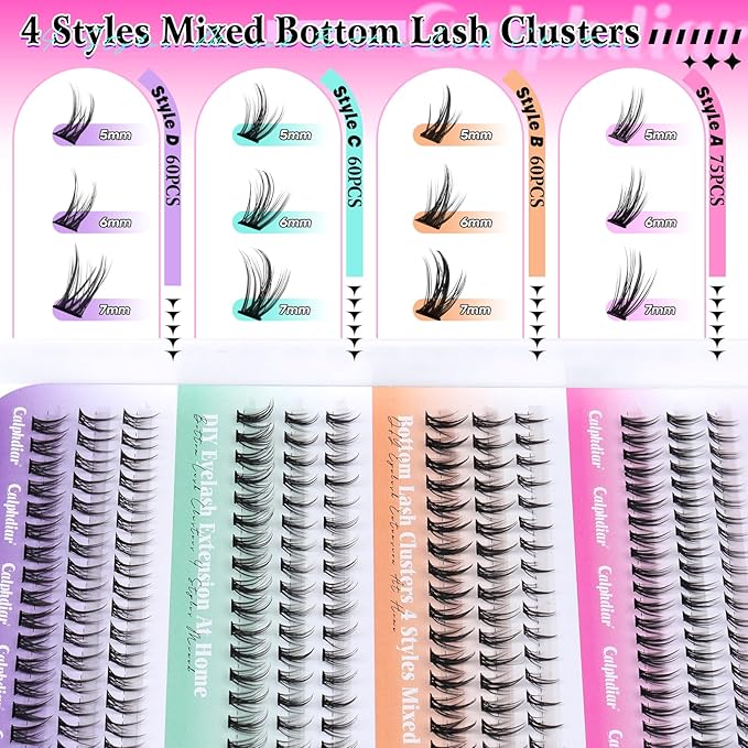 calphdiar Bottom Lash Clusters Kit DIY Eyelash Extensions 4 Styles Bottom Lashes Extension Kit Wispy Lower Eyelash Clusters Kit 5-7mm Natural Individual Lashes 225Pcs for Bottom Lash Extension