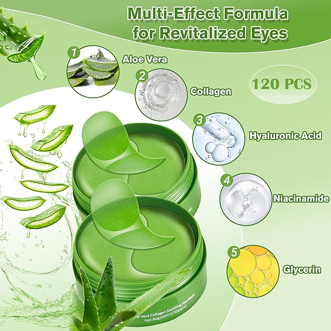 Lktvys Aloe Vera Eye Gel Patches 2 Pack 120 PCS, Soothing & Hydrating, Reducing Dark Circles and Puffiness, Collagen-Infused Eye Mask, Refreshing & Rejuvenating, Suitable for Both Men and Women