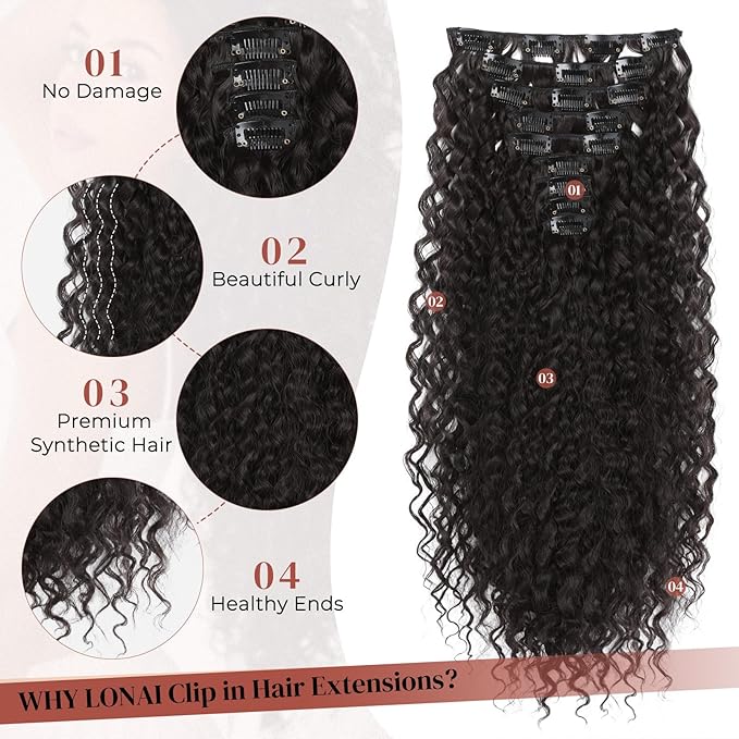 LONAI Hair Extension,9PCS 22" Curly Clip in Hair Extensions LN002 Long Soft Thick Synthetic Hairpieces for Women- Black Brown