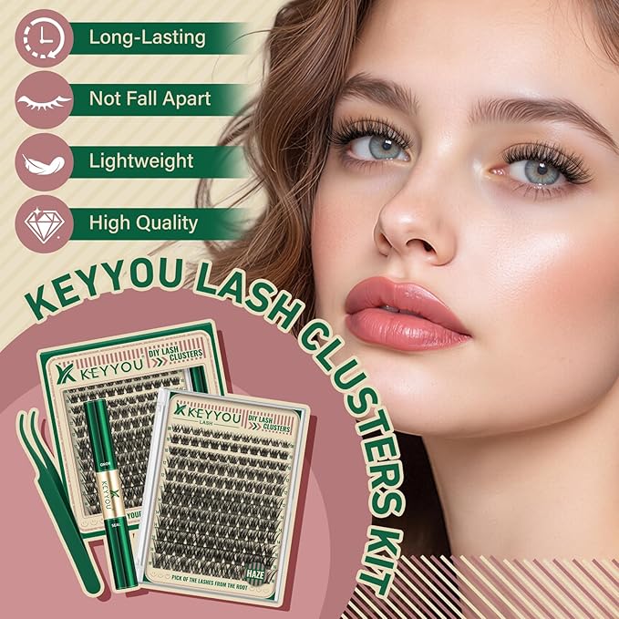 KEYYOU Lash Clusters Kit 144pcs Soft&Natural Lash Clusters Fluffy Lash Extension Kit D Curl 8-18MIX with Bond and Seal,Applicator Thin Band Eyelash Clusters for DIY at Home(Haze）