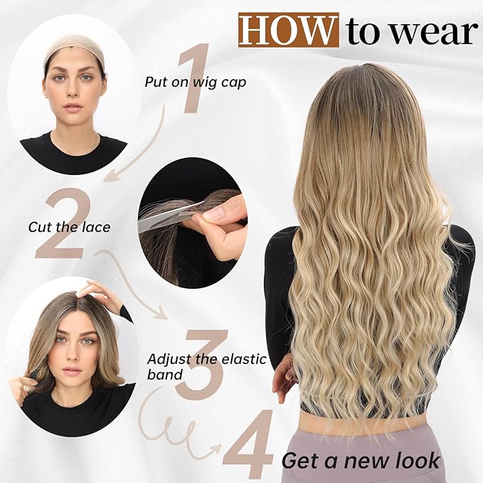 AISI HAIR Long Wavy Dark Brown with Blonde Highlight Lace Hairline Wigs for Women，Middle Part Synthetic Heat Resistant Wig for Daily Party-26 Inch