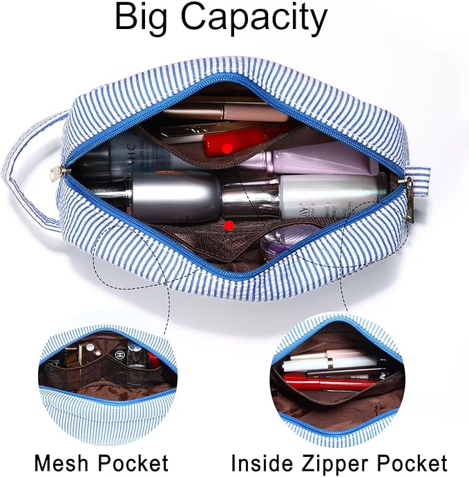 YOOLIFE Initial Cosmetic Bag for Women - Monogram Cute Makeup Bag Cosmetic Case Toiletry Pouch for Women Her Best Friend Sister Teacher, Personalized Birthday Gifts for Women, Blue W