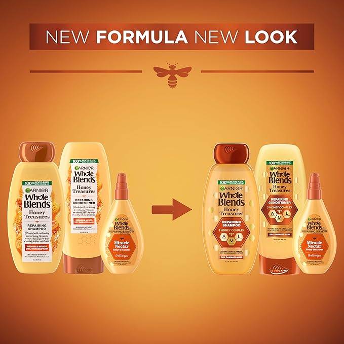 Garnier Whole Blends Honey Treasures Repairing Shampoo, Conditioner + Miracle Nectar Leave-In Set for Dry, Damaged Hair (3 Items), 1 Kit (Packaging May Vary)