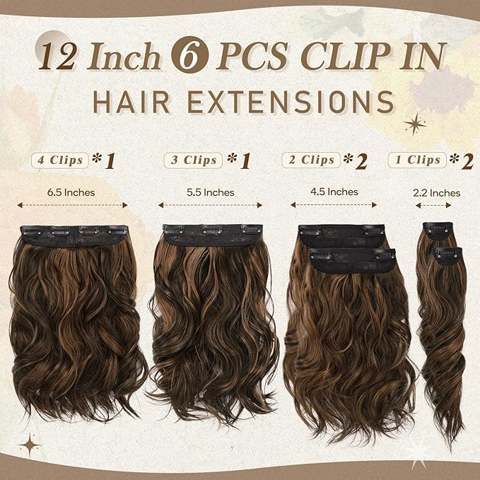 BARSDAR Short Wavy Clip in Hair Extensions - 12 Inch Highlight Extensions for Women - 6PCs Thick Soft Synthetic Hairpieces Daily - Dark Brown With Highlights