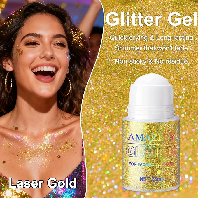 Roll-on Body Glitter Gel Holographic for Face and Hair,Body Glitter Gel Makeup for Kids Women,Body Shimmer Christmas Makeup for Rave Party.(Dazzling Gold)