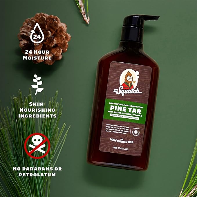 Dr. Squatch Natural Hand and Body Lotion for Men - Made with Shea Butter, Coconut Oil, Vitamin E for 24-Hr Moisturization - Pine Tar & Fresh Falls (10 fl oz, 2-Pack)