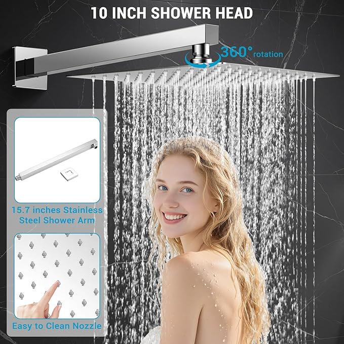 IUERASD Shower Faucet set with Shower head, Wall Mount 10 Inch Square Rainfall Shower Head and Handle Set Single Handle Shower System Set with Female Threads Valve Body and Trim Included (Chrome)