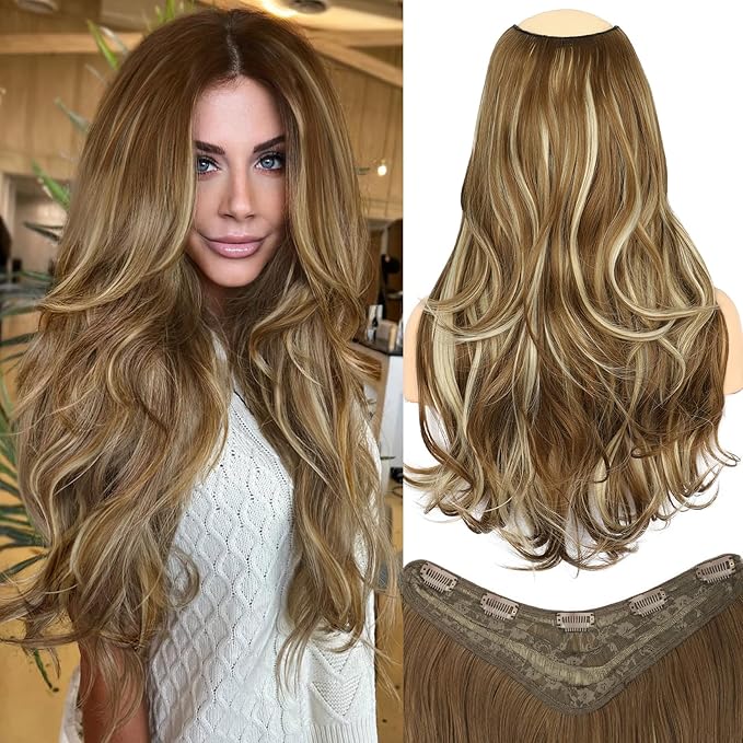ALXNAN Long Wavy Layered Hair Extensions for Women, Clip in Hair Extensions Clip Ins Soft Full Head Synthetic Hairpieces 20 Inch Medium Brown mix Ash Blonde