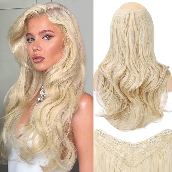 ALXNAN Long Wavy Layered Hair Extensions for Women, Clip in Hair Extensions Clip Ins Soft Full Head Synthetic Hairpieces 20 Inch Vanilla Blonde