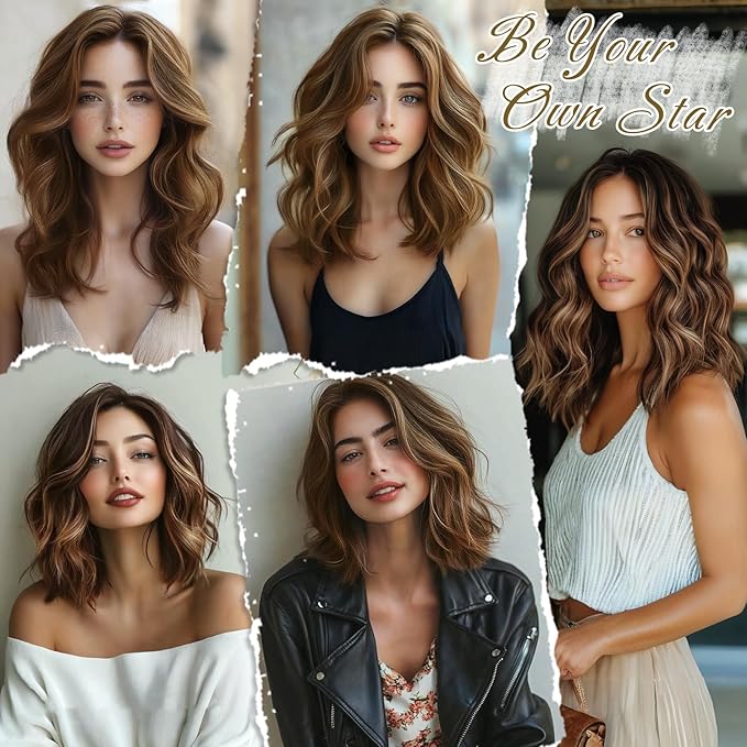 BARSDAR Short Wavy Clip in Hair Extensions - 12 Inch Highlight Hair Extensions Clip in for Women - 6PCs Thick Soft Synthetic Clip-ins Hairpieces Daily - Brown with Honey Blonde