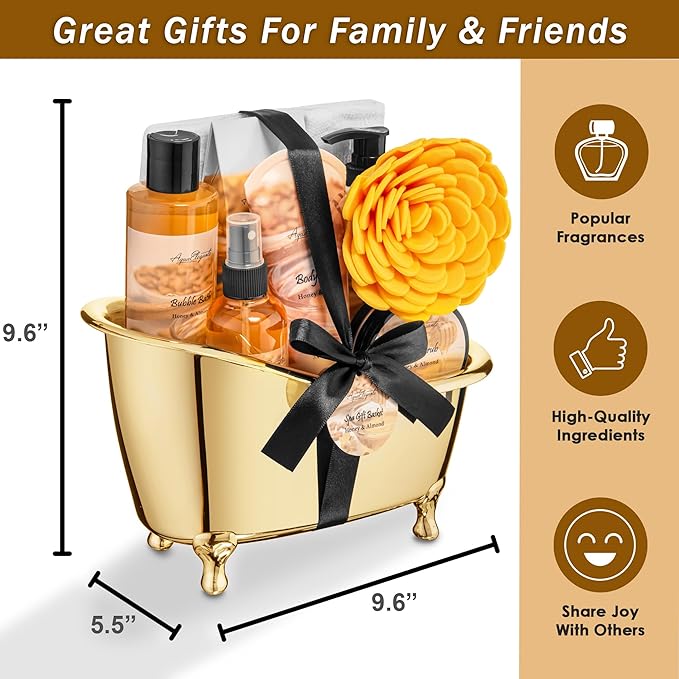 Spa Gift Baskets For Women - Luxury Bath Set With Honey & Almond - Spa Kit Includes Body Wash, Bubble Bath, Lotion, Bath Salts, Body Scrub, Body Spray, Shower Puff, and Towel