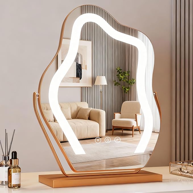 17″ Makeup Mirror with Lights Tabletop Cloud Shaped , Smart Touch, 3-Color Dim Lighting, 360° Rotation, Memory, Metal Frame, Plug-in AC Power, Vanity Mirror Gift for Women Teen Girls Champagne Gold