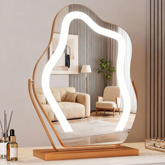 17″ Makeup Mirror with Lights Tabletop Cloud Shaped , Smart Touch, 3-Color Dim Lighting, 360° Rotation, Memory, Metal Frame, Plug-in AC Power, Vanity Mirror Gift for Women Teen Girls Champagne Gold