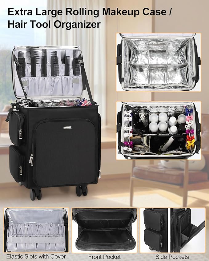 Relavel Rolling Makeup Case, 4 in 1 Hairstylist Traveling Bag with Clear Makeup Brush Case, Cosmetology Case on Wheels Large Hair Tools Cosmetics Train Case Makeup Artist Storage Organizer Trolley