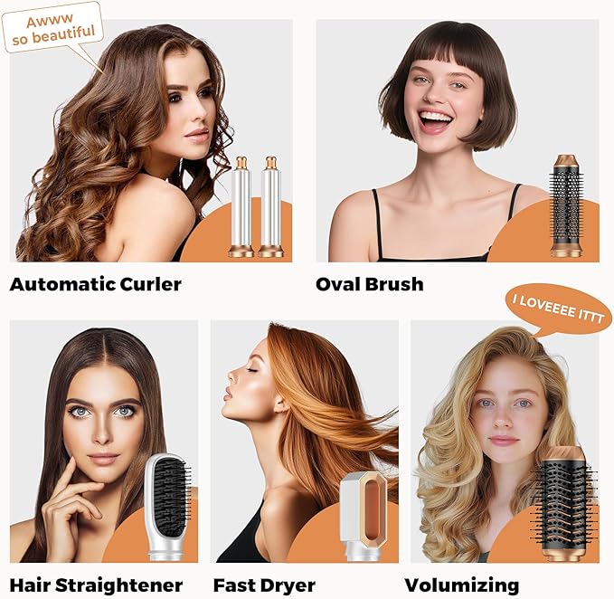 6 in ONE Blow Dryer Brush, Curling Wand Hair Styling Tools Set, Ionic Hot Air Hair Dryer, Massage Oval Hair Dryer, Left&Right Hair Curlers 100-120V (White)