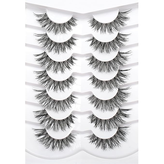 Pooplunch False Eyelashes Hand-Knotted Natural Cat Eye Look Wispy Extensions Fake Eyelash Faux Mink Lashes Strips 7 Pairs Pack