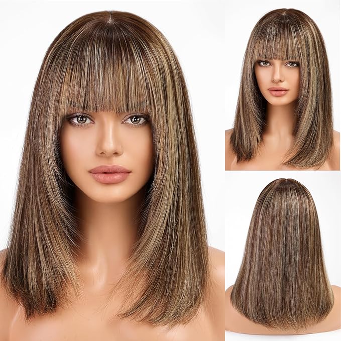 KKU 16 Inch Brown Mixed Blonde Human Hair Wigs for Women,Layered Straight Hair Wig with Bangs,Wear Natural Realism