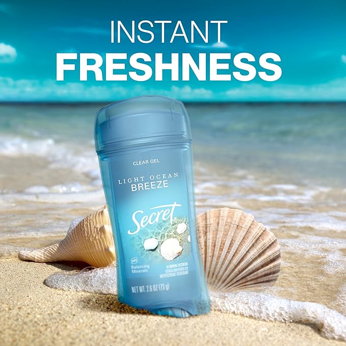 Secret Fresh Antiperspirant Deodorant for Women, 72hr Breathable Sweat & Odor Protection, Instant Freshness & Gentle, PH Balancing Minerals, Clear Gel, Light Ocean Breeze Scent, 2.6 oz