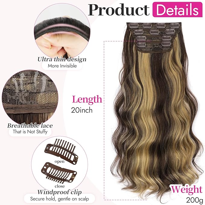 KooKaStyle Clip In Hair Extensions, Natural Long Layered Soft Invisible Synthetic Curly Wavy Hairpieces for Women, 4 pcs (20 Inch, Balayage Medium Brown to Golden Blonde)