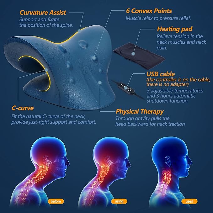 Neck Stretcher for Neck Pain Relief, Heated Cervical Traction Device Pillow with Graphene Heating Pad, Neck and Shoulder Relaxer for TMJ Pain Relief and Cervical Spine Alignment (Dark Blue)