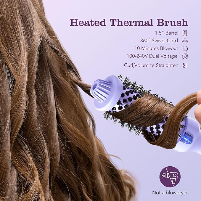 Thermal Brush, 1.5 inch Heated Round Brush Hair Curling Brush for Natural Curl, Straightener and Curler 2 in 1, Negative Ion Technology, 9 Temperature Settings, Dual Voltage for Travel, Purple