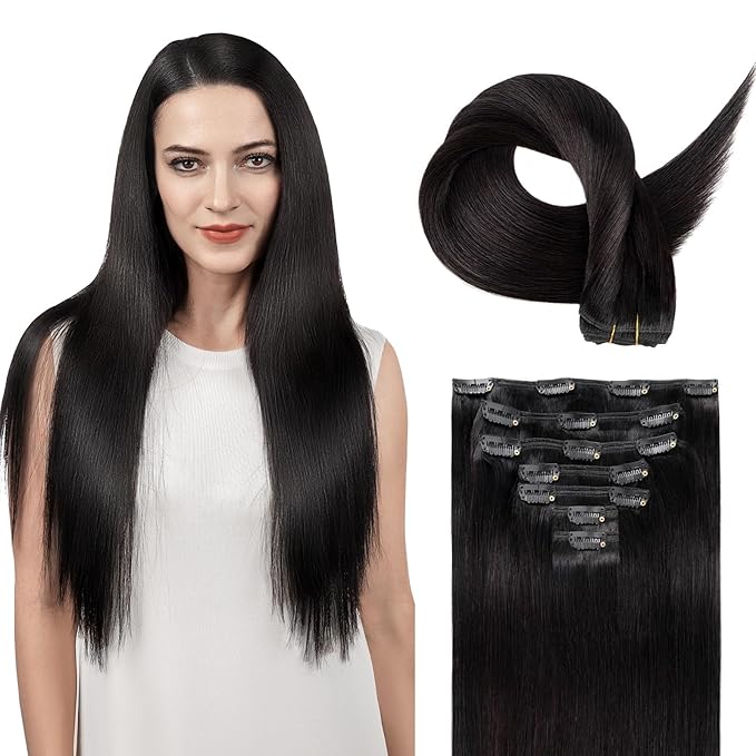 Clip in Hair Extensions Real Human Hair, Remy Hair Clip in Extensions Human Hair, Natural Black 100% Human Hair Extensions for Women #1B 24Inch 120G 7PCS