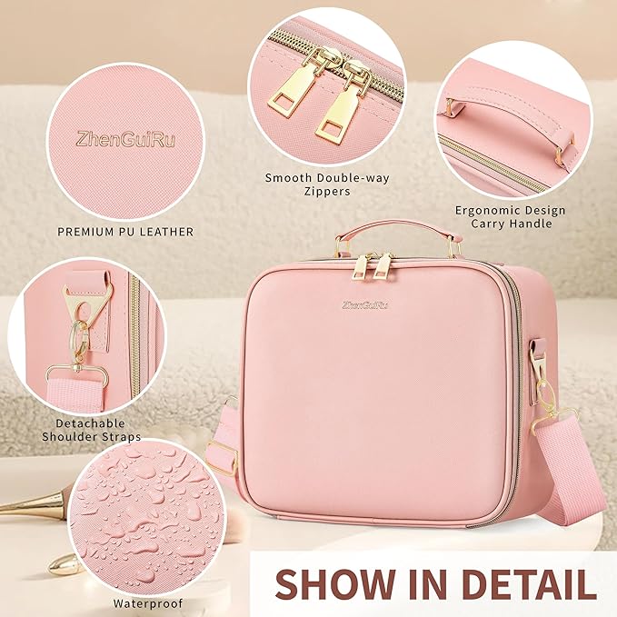 ZhenGuiRu Travel Makeup Bag Cosmetic Organizer Bag with Lighted Mirror, Waterproof Makeup Bag with Light Up Mirror, Travel Makeup Case for Cosmetic Brush Holder Storage, Large Toiletry Bag Women Gift