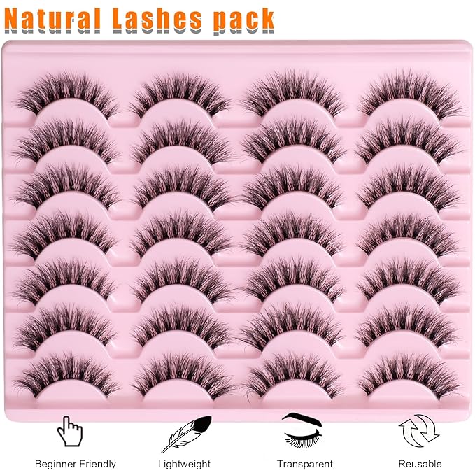 Short Wispy False Eyelashes 14 Pairs, Clear Band Natural Look Fluffy Cat Eye Lashes, Faux Mink & Easy to Apply for Beginners, Daily Makeup & Professional MUA