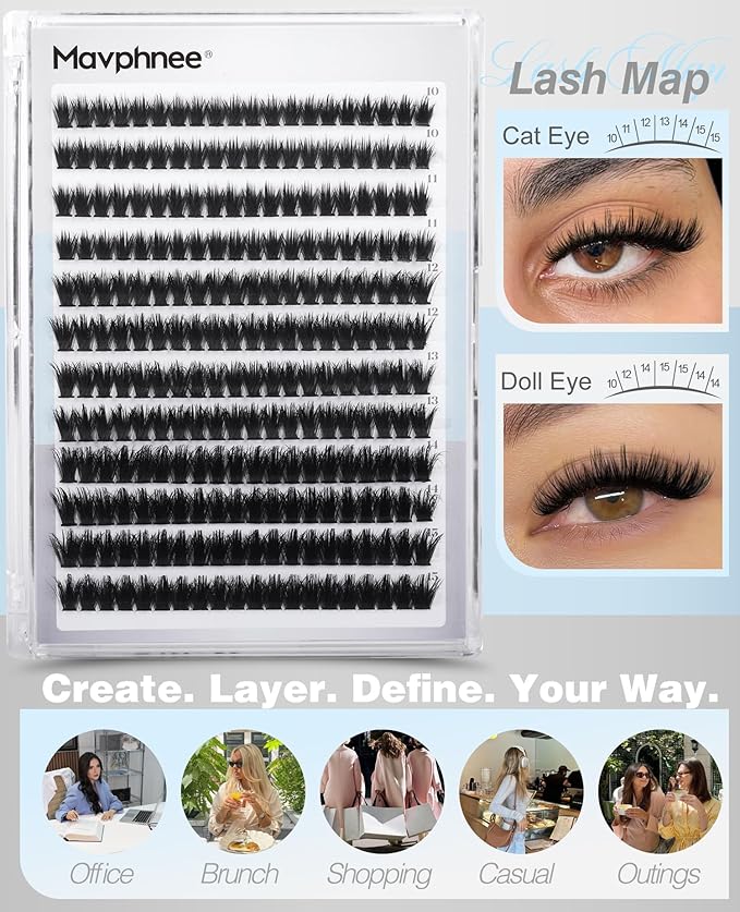 Hybrid Lash Clusters Fluffy Individual Lashes 10-15MM Natural Cluster Eyelash Extensions D Curve Wispy Cluster Lashes Reusable Soft Faux Mink Eyelash Clusters 240Pcs