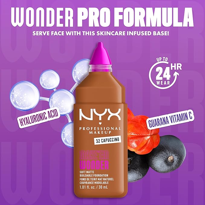 NYX PROFESSIONAL MAKEUP Make 'Em Wonder Liquid Foundation, 24HR Foundation Makeup With A Soft Matte Finish, Buildable Full Coverage - 32 Cappuccino