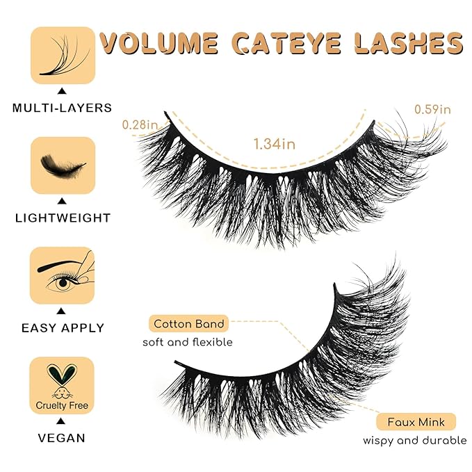 Lashes Volume Mink Eyelashes 14 Pairs Cateye Lash Strips Wispy Cat Eye Lashes Natural Look Short Thick Fluffy False Strip Eyelash Full Small Fake Lashes Pack Black Pestañas Postizas for Women