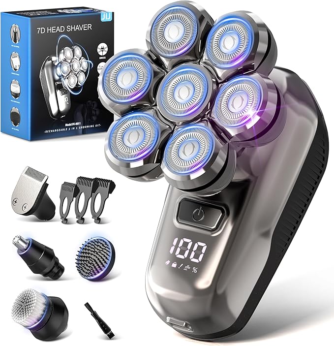 JIJ Head Shavers for Bald Men - 5-in-1 Electric Head Shaver Grooming Kit, 7D Floating Wet/Dry Electric Razor for Bald Heads with LED Smart Display, Turbo Speed & Type-C Charging (2000mAh)